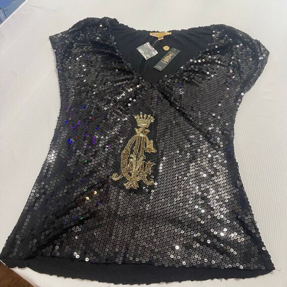 NEW Christian Audigier Womans Black Sequins Top W/ Gold Accents Size Small NWT - Picture 1 of 6